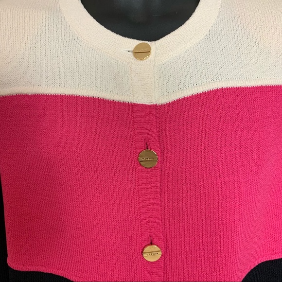 ST JOHN SPORT Black Pink Ivory SANTANA KNIT Button Front SUIT Dress JACKET M - Picture 2 of 7